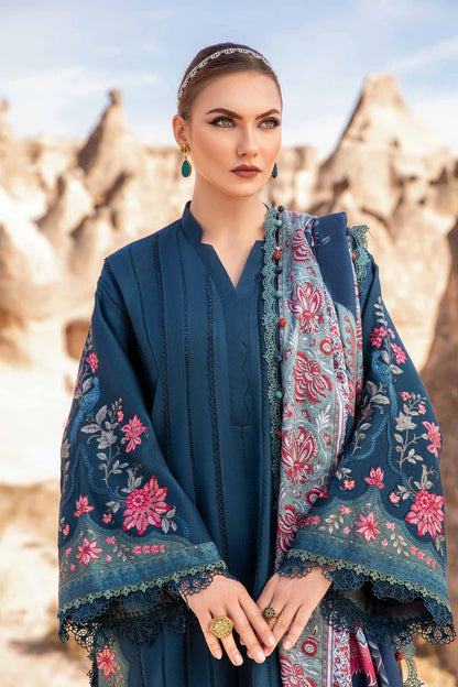 Maria.B-Three peice Front full chikenkari emb & plan trouswer with Digital printed shawl Unstiched