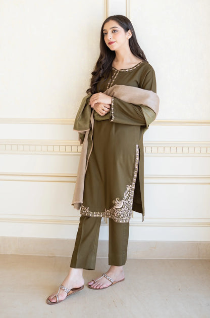 nc-885 Mehndi Dhanak Embroidered three piece With Dhanak Shawl unstiched