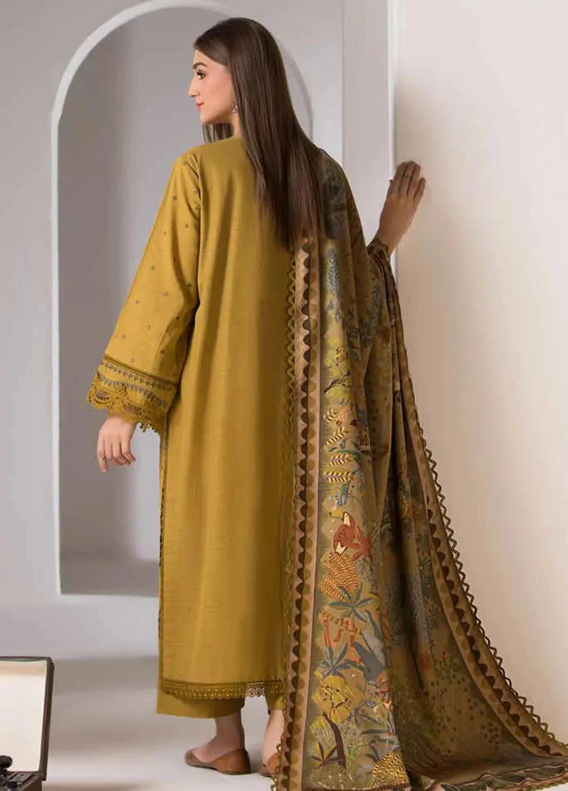 MARIA.B-Three peice suite embroidered shirt & plan trouswer with Digital printed shawl Unstiched