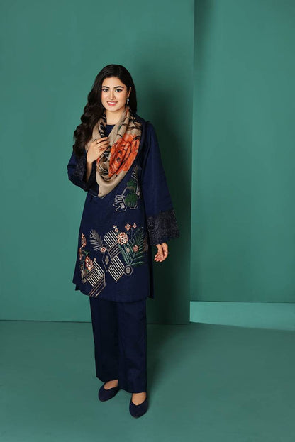 Nishat 539 Blue Dhanak Embroidered three piece With silk Woolen Shawl Unstiched