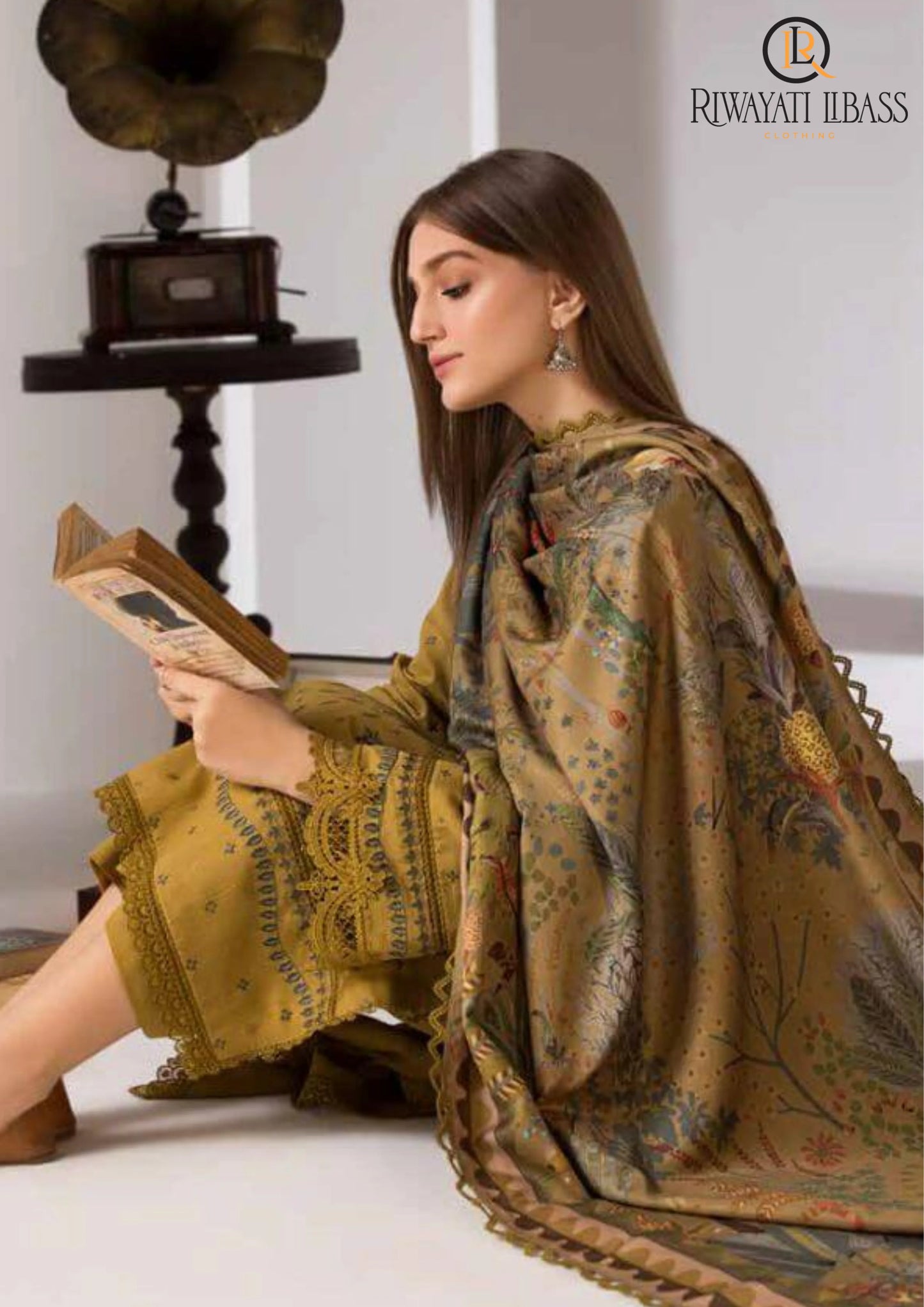 MARIA.B-Three peice suite embroidered shirt & plan trouswer with Digital printed shawl Unstiched