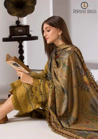 MARIA.B-Three peice suite embroidered shirt & plan trouswer with Digital printed shawl Unstiched