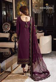 ASIMJOFA-Three piece suite embroidered shirt & plan trouser with with embroidered dhanak shawl Unstiched