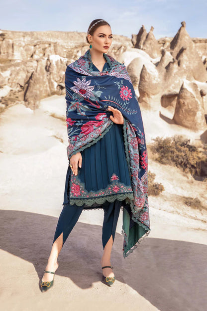 Maria.B-Three peice Front full chikenkari emb & plan trouswer with Digital printed shawl Unstiched