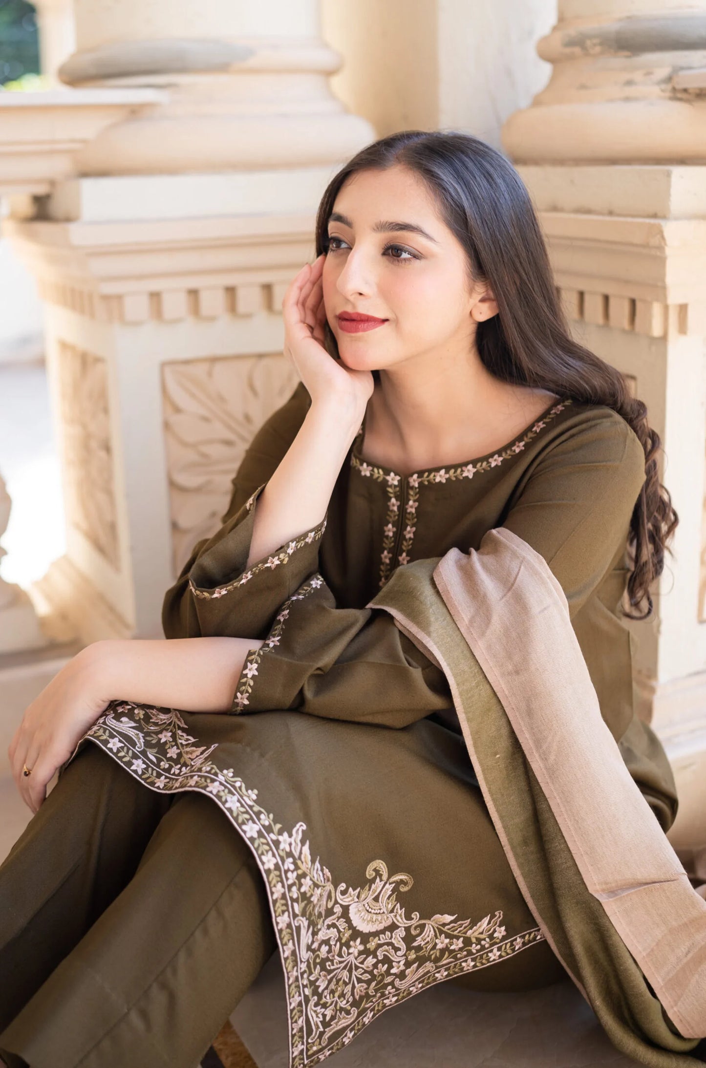 nc-885 Mehndi Dhanak Embroidered three piece With Dhanak Shawl unstiched