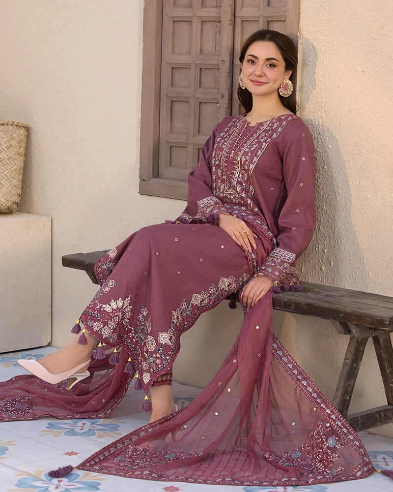 QALAMKAR-3PC Embroidered dhanak Shirt & Trouser with Embroidered Shawl Unstiched