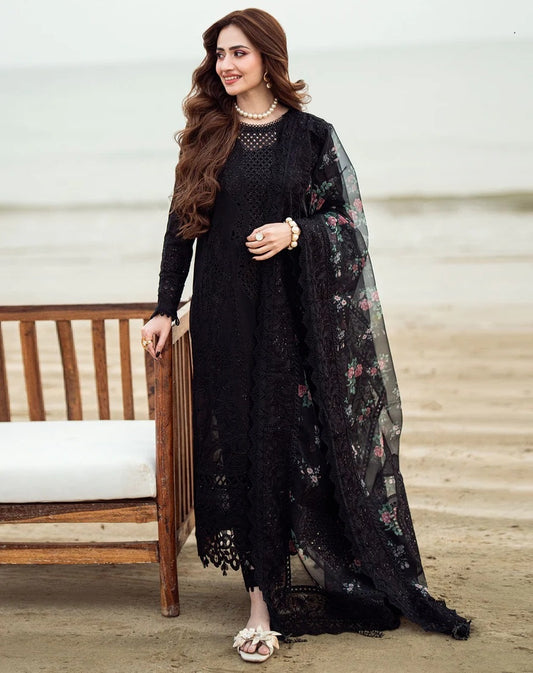 NUR-3PC Fancy embroidered lawn shirt & Digital Printed Diamond Chiffon Dupata with patches Unstiched
