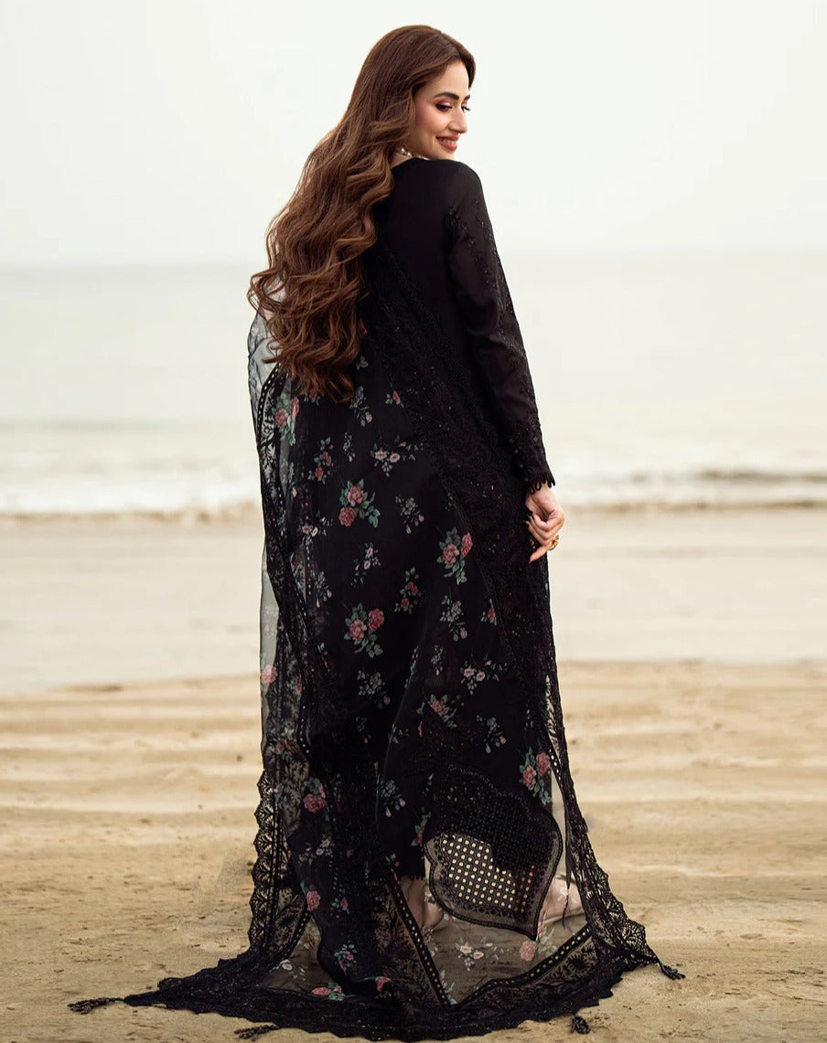 NUR-3PC Fancy embroidered lawn shirt & Digital Printed Diamond Chiffon Dupata with patches Unstiched