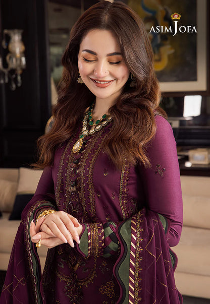 ASIMJOFA-Three piece suite embroidered shirt & plan trouser with with embroidered dhanak shawl Unstiched