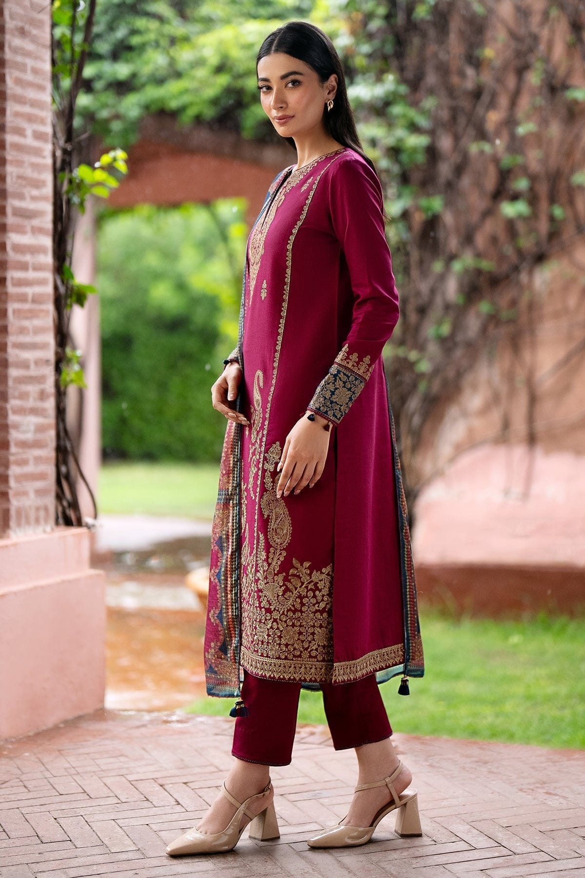 JAZMIN-Embroidered three peice and sleeves embroidered & printed wool shawl unstiched