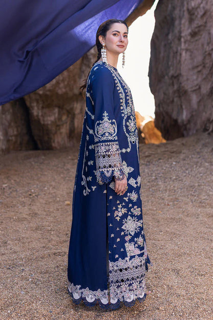 QALMQAR-Three peice suite Embroidered shirt & plan trouser with printed wool shawl