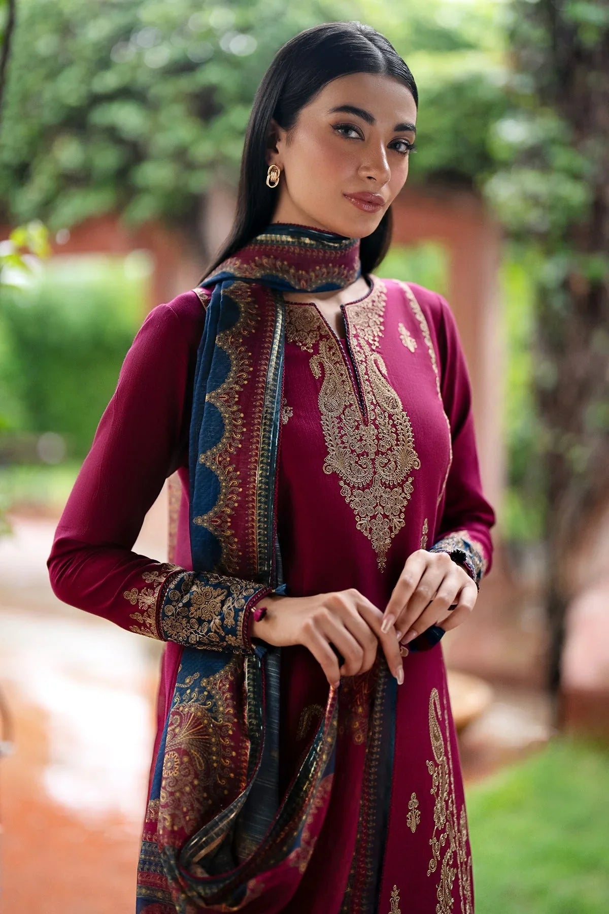 JAZMIN-Embroidered three peice and sleeves embroidered & printed wool shawl unstiched