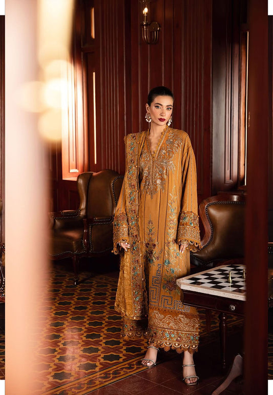 Maria.A-3pc Embroidered dhanak shirt & trouer with printed woolen shawl Unstiched
