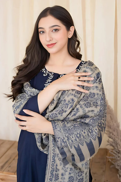 nc-841 Blue  Dhanak Embroidered three piece With Woolen Duppata Unstiched