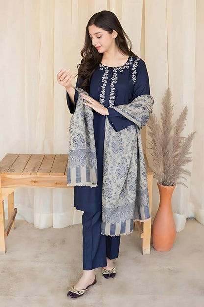 nc-841 Blue  Dhanak Embroidered three piece With Woolen Duppata Unstiched