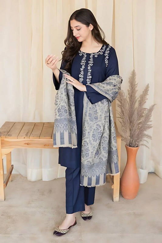 nc-841 Blue  Dhanak Embroidered three piece With Woolen Duppata Unstiched