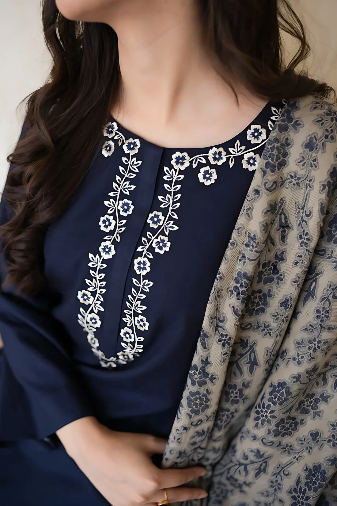 nc-841 Blue  Dhanak Embroidered three piece With Woolen Duppata Unstiched