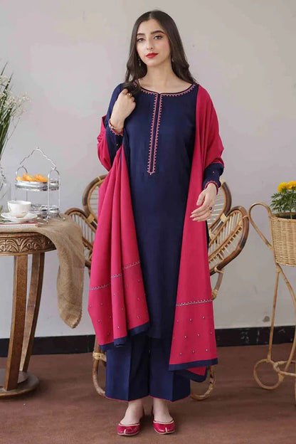 nc-480 (Blue Dhanak) Embroidered three piece With DhanakDuppata Unstiched