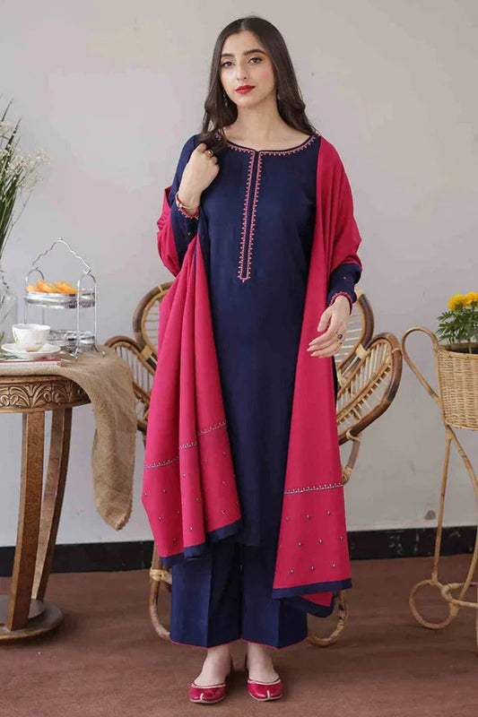 nc-480 (Blue Dhanak) Embroidered three piece With DhanakDuppata Unstiched
