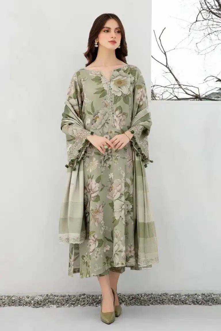 BAROQUE-3PC printed shirt & trouser with Voil dupata Unstiched