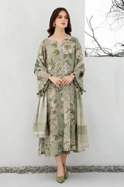 BAROQUE-3PC printed shirt & trouser with Voil dupata Unstiched