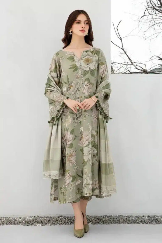 BAROQUE-3PC printed shirt & trouser with Voil dupata Unstiched