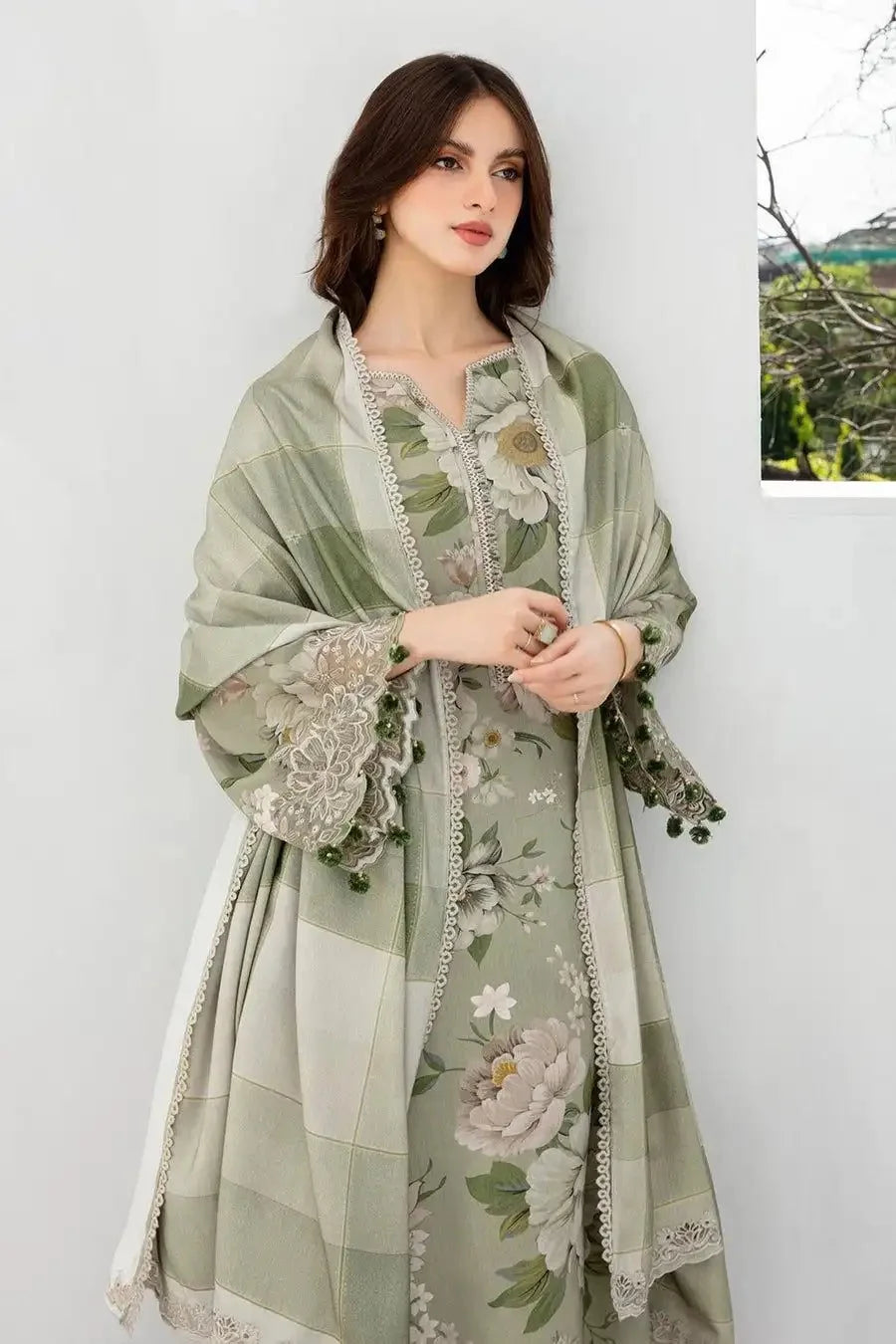 BAROQUE-3PC printed shirt & trouser with Voil dupata Unstiched