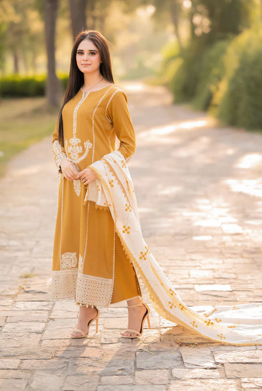 ASLING-3PC EMBROIDERED DHANAK shirt & trouser with embroidered dhanak shawl Unstiched