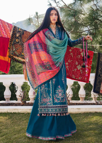 HUSSAIN REHAN-Embroidered three peice suite and sleeves embroidered & printed wool shawl unstiched