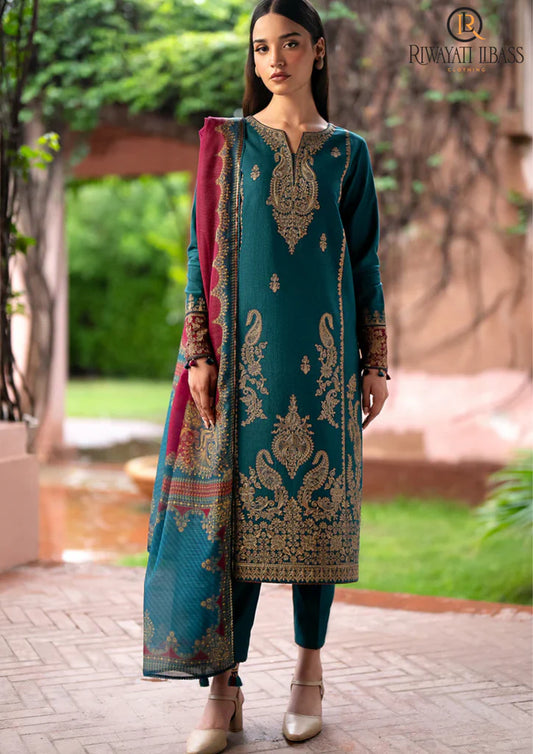 JAZMIN-Embroidered three peice and sleeves embroidered & printed wool shawl unstiched