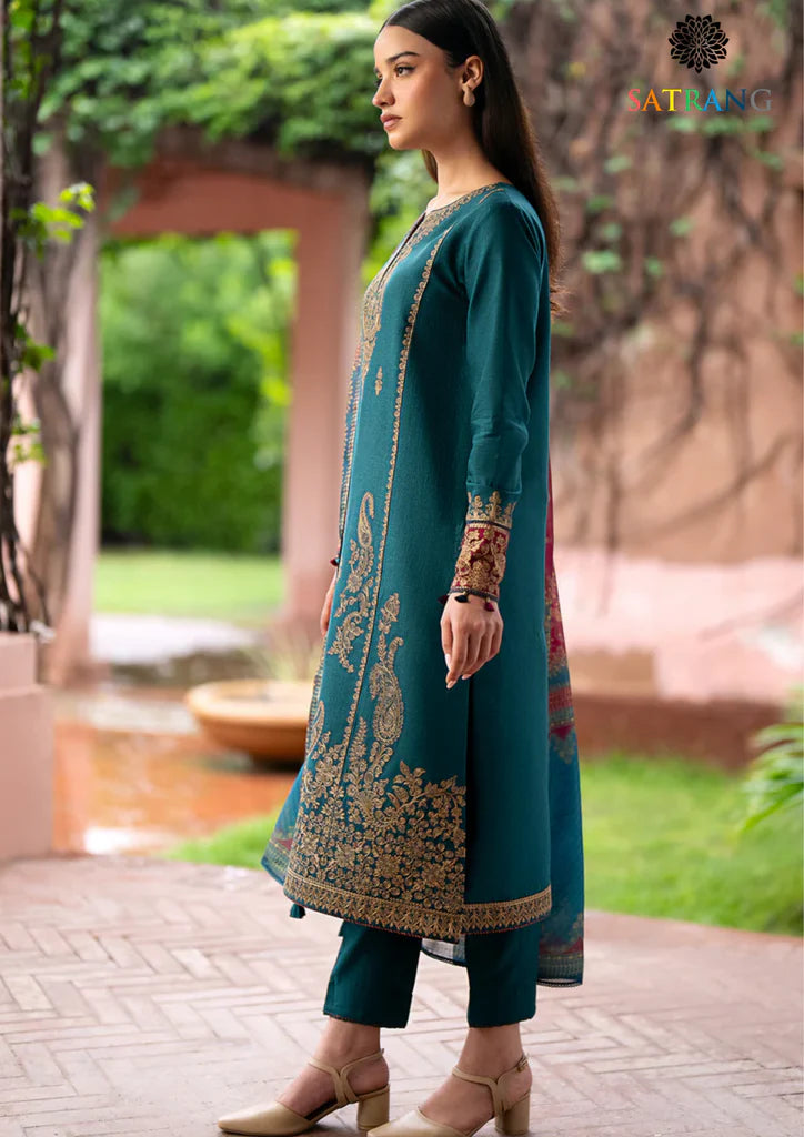 JAZMIN-Embroidered three peice and sleeves embroidered & printed wool shawl unstiched