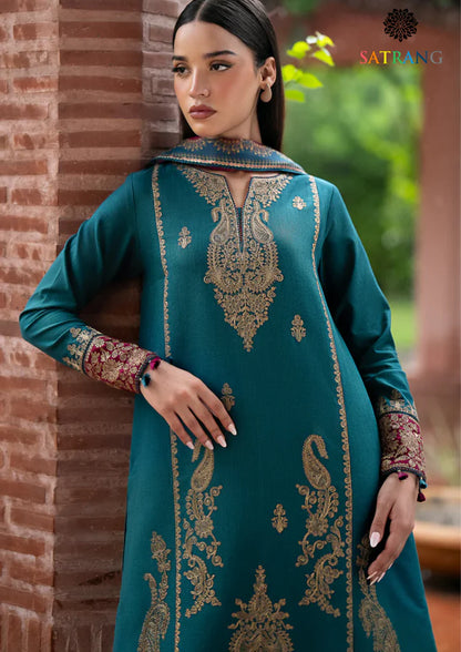JAZMIN-Embroidered three peice and sleeves embroidered & printed wool shawl unstiched