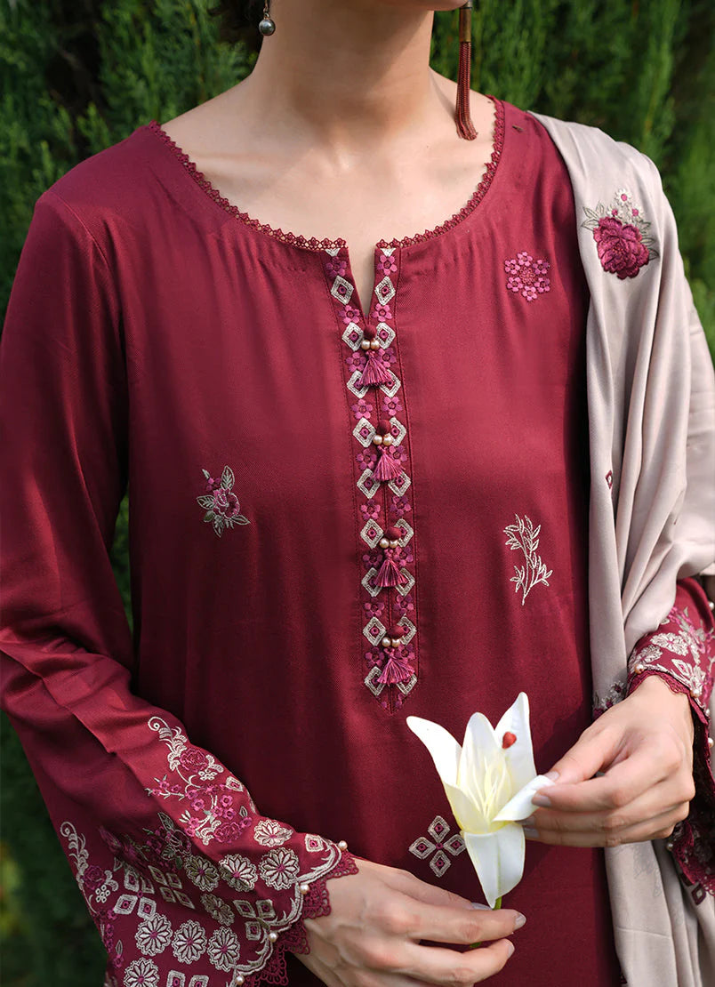 IZEL-Embroidered three piece suite and sleeves embroidered & dhanak embroidered shawl unstiched