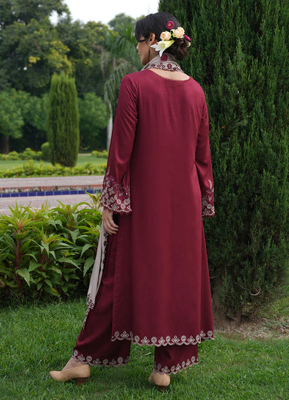 IZEL-Embroidered three piece suite and sleeves embroidered & dhanak embroidered shawl unstiched