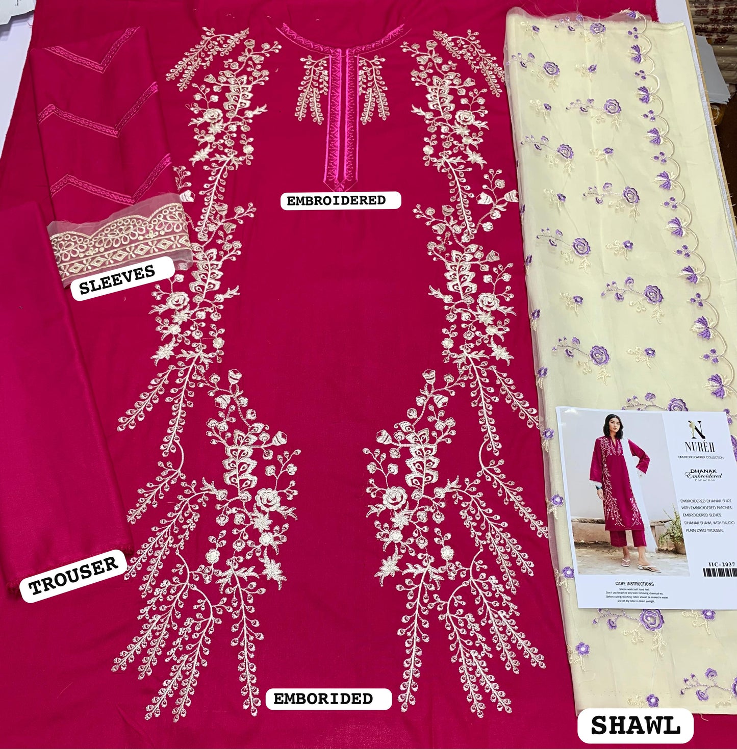 NUREH-Embroidered Shirt &  plan trouser with Embrodered Dhanak shawl Unstiched