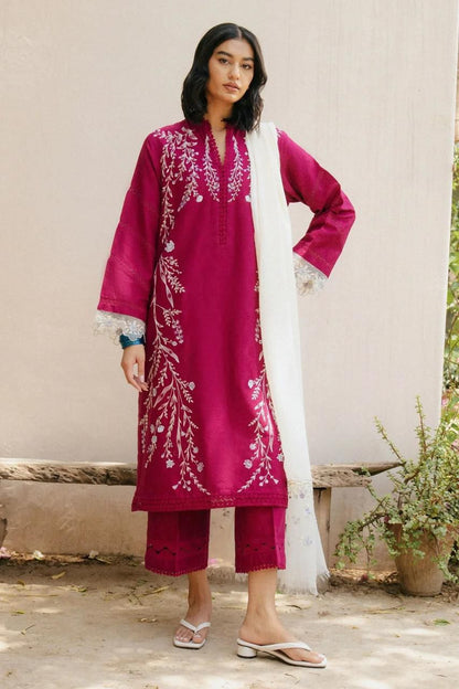 NUREH-Embroidered Shirt &  plan trouser with Embrodered Dhanak shawl Unstiched