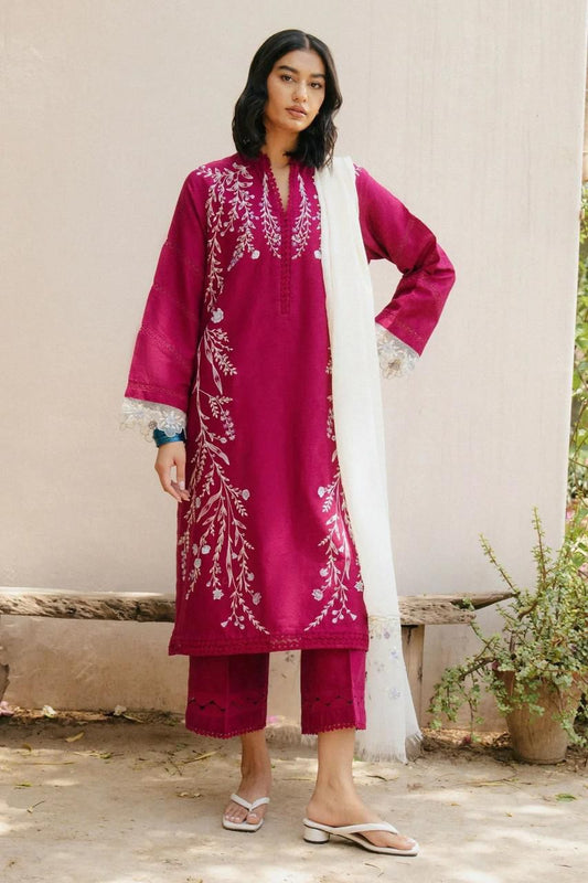 NUREH-Embroidered Shirt &  plan trouser with Embrodered Dhanak shawl Unstiched