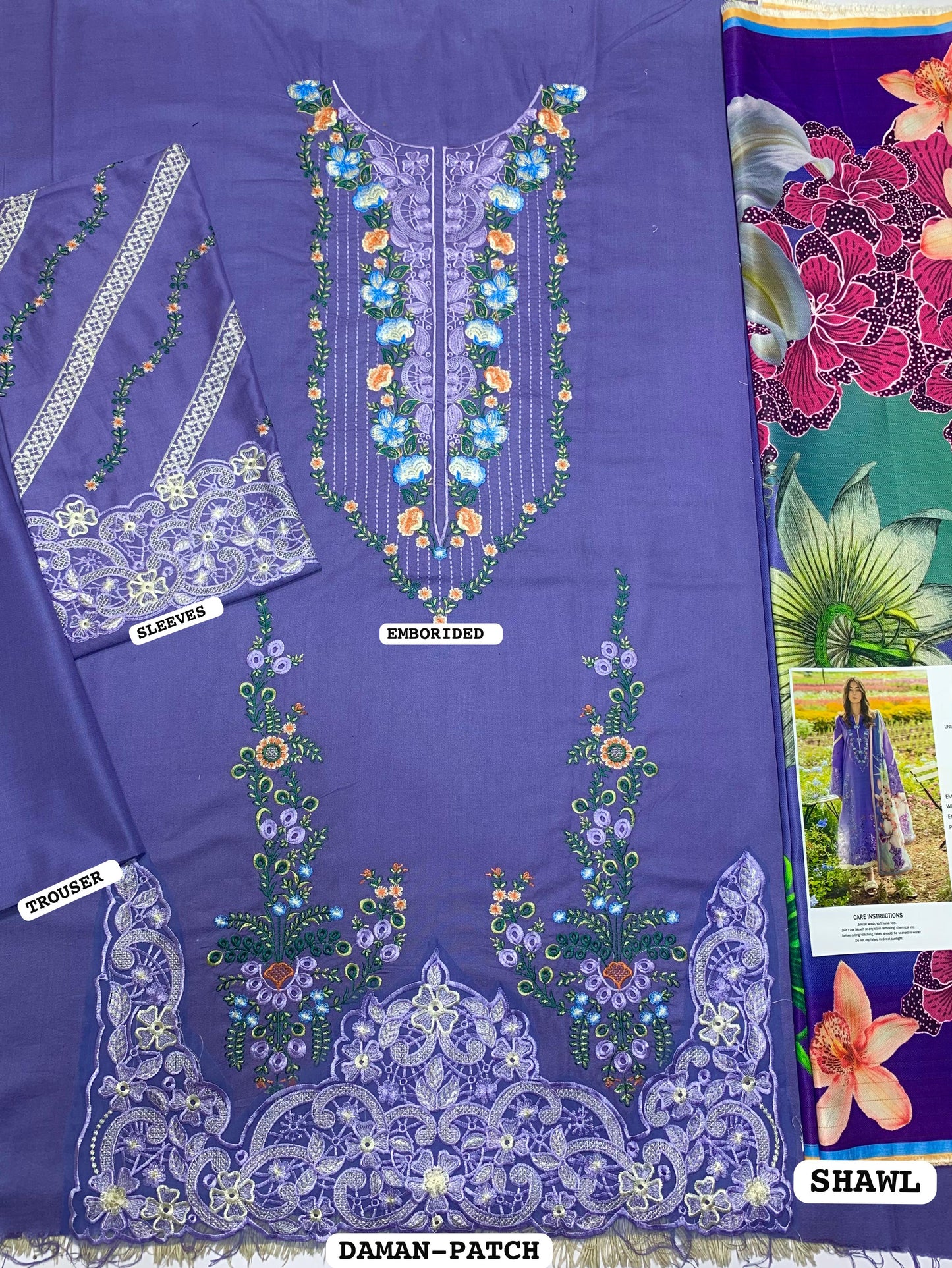 Musq-Embroidered shirt & printed wollen shawl with Plan trouser Unstiched
