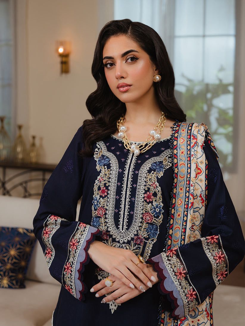 MAHNUR-3PC Suiteembroidered shirt & plan trouser with Embroidered shawl