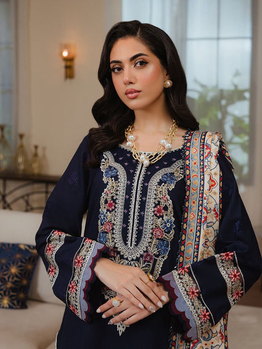 MAHNUR-3PC Suiteembroidered shirt & plan trouser with Embroidered shawl