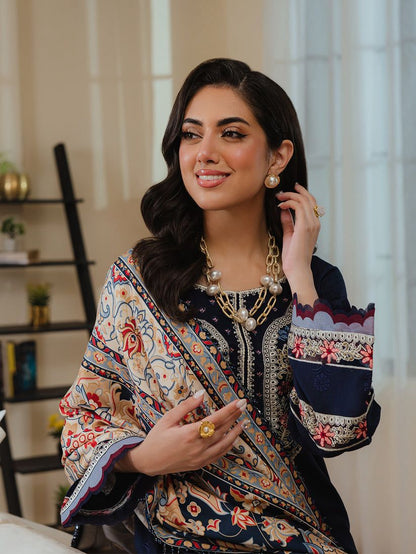 MAHNUR-3PC Suiteembroidered shirt & plan trouser with Embroidered shawl