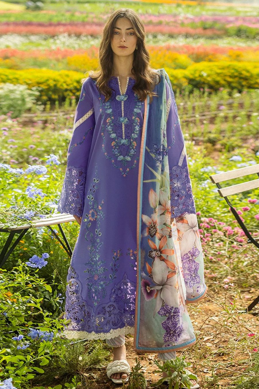 Musq-Embroidered shirt & printed wollen shawl with Plan trouser Unstiched