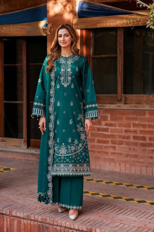 FARASHA-Embroidered Shirt & Printed wollen shawl with plan trouser Unstiched