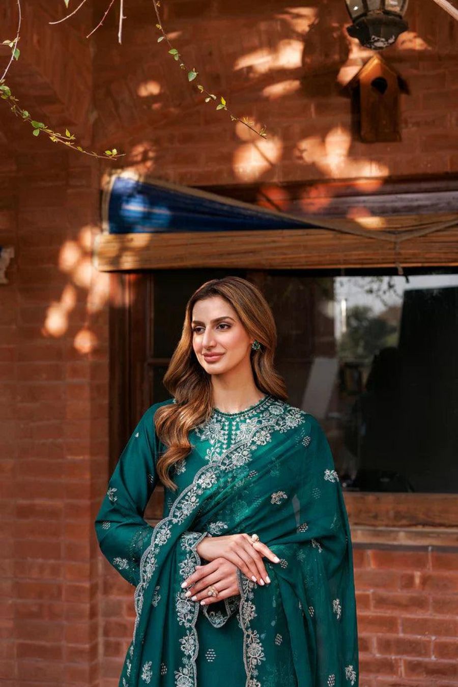 FARASHA-Embroidered Shirt & Printed wollen shawl with plan trouser Unstiched