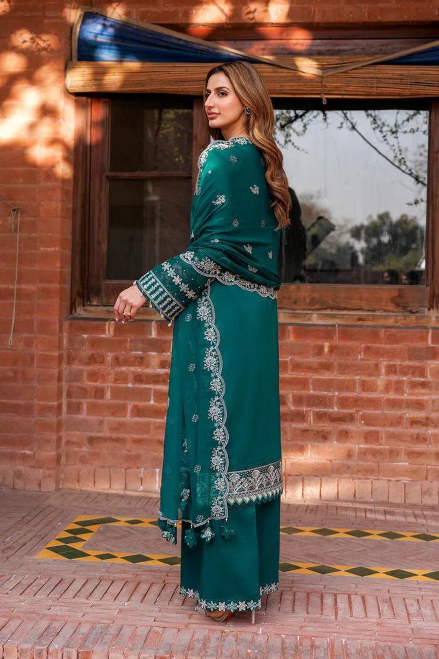 FARASHA-Embroidered Shirt & Printed wollen shawl with plan trouser Unstiched