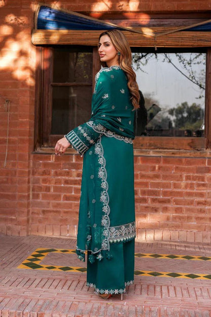 FARASHA-Embroidered Shirt & Printed wollen shawl with plan trouser Unstiched