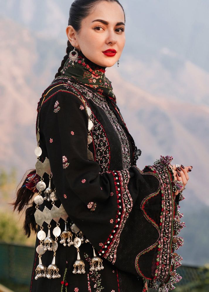 HUSSAIN REHAN-Embroidered three peice suite with patches embroidred & printed wool shawl Unstiched