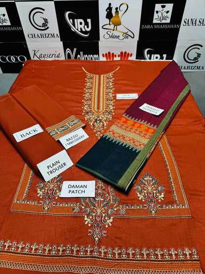 JAZMIN - 3PC Dhanak Embroidered Shirt With Printed Dupatta and Trouser Unstiched