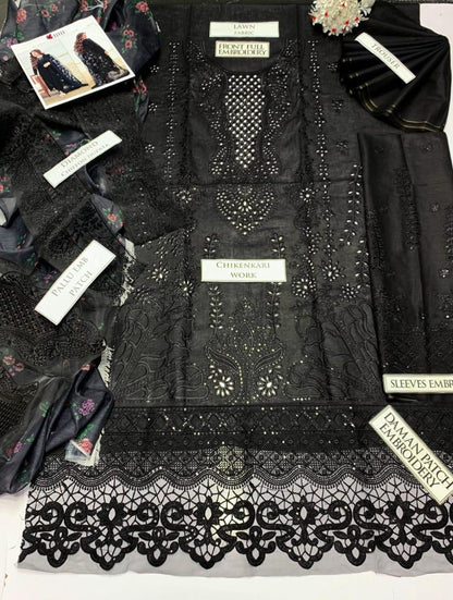NUR-3PC Fancy embroidered lawn shirt & Digital Printed Diamond Chiffon Dupata with patches Unstiched