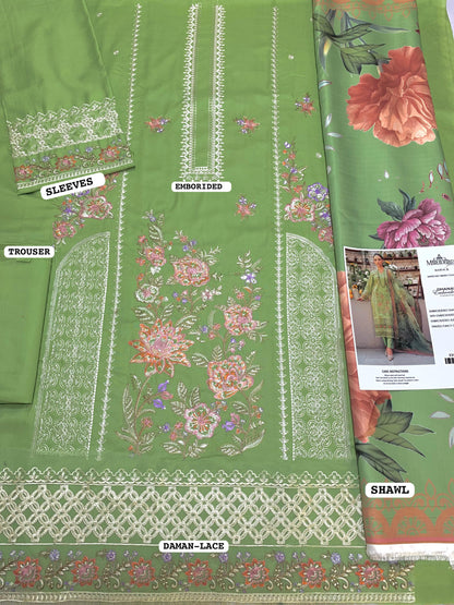 Maria.B. - 3PC EMBROIDERED DHANAK SHIRT AND PRINTED DUPPATA WITH TROUSER Unstiched